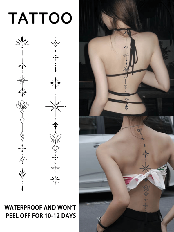 Geometric Small Pattern Stitching Back Temporary Tattoo Stick Waterproof Lasting One To Two Weeks Of Artificial Tattoo Color Non-Reflective Disposable For Men And Women Back And Spine