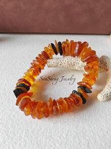 Natural Baltic Raw Amber Bracelet Elastic Therapy Gemstone Bangle Jewelry Indie Stylish Calm And Peace Accessorize Fossil Resin Energy Gift For Couple's Presents For Man And Woman