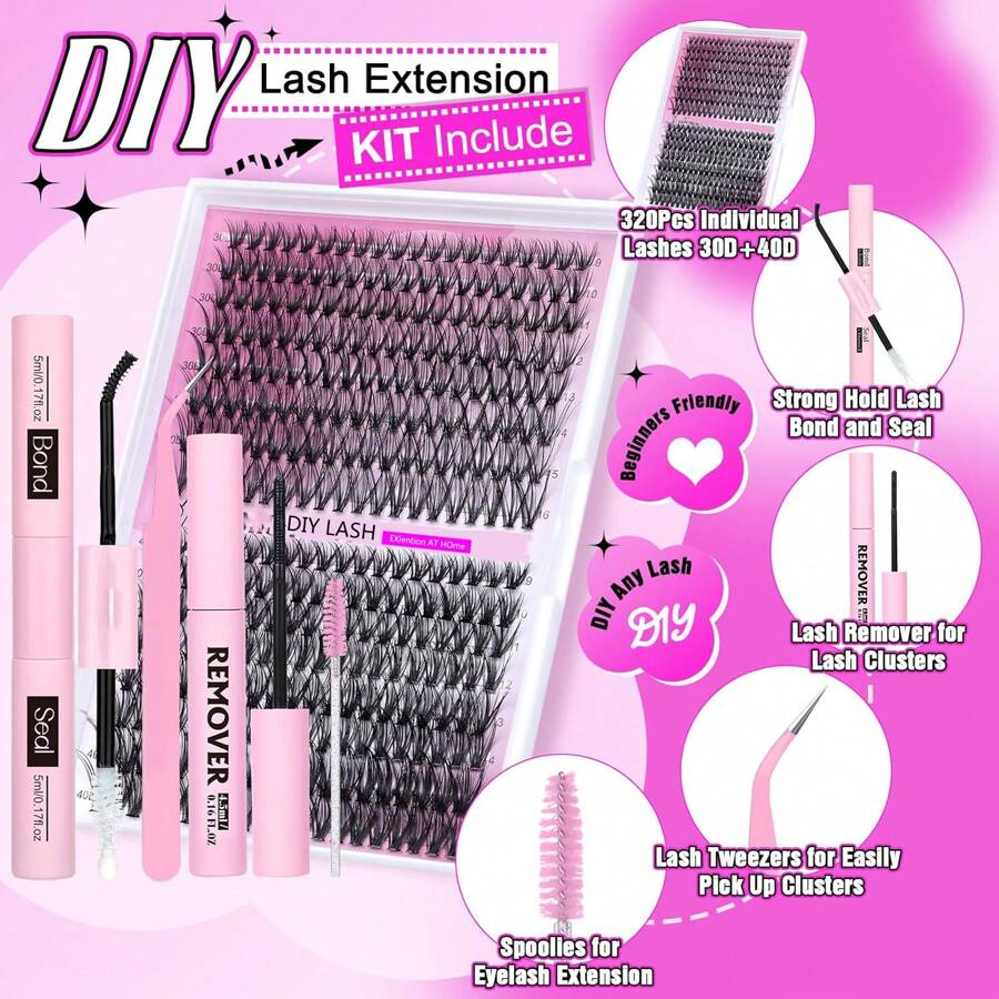 DIY Eyelash Extension Set With Tweezers, Eyelashes Clusters, D Curl