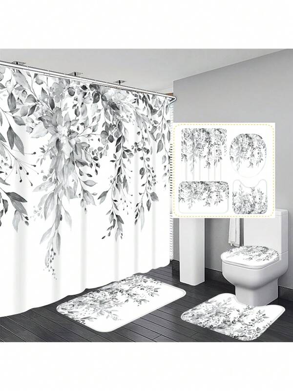1pc/4pcs Watercolor Eucalyptus Multipurpose Decorative Bathroom Shower Curtain Set With 12 Hooks, Non-Slip Bathroom Rug, U-Shaped Rug And Round Toilet Lid Cover, Suitable For All Scenes Home Bathroom Decor Summer Bathroom Accessories Back To School