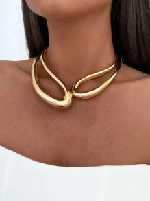 1pc Vintage Asymmetrical Multi-Layer Hollow Out Metallic Open Choker Necklace & Bracelet Set For Women, Golden & Silver, Charismatic Gift For Everyday Outfit - Gold + Silver - View 4