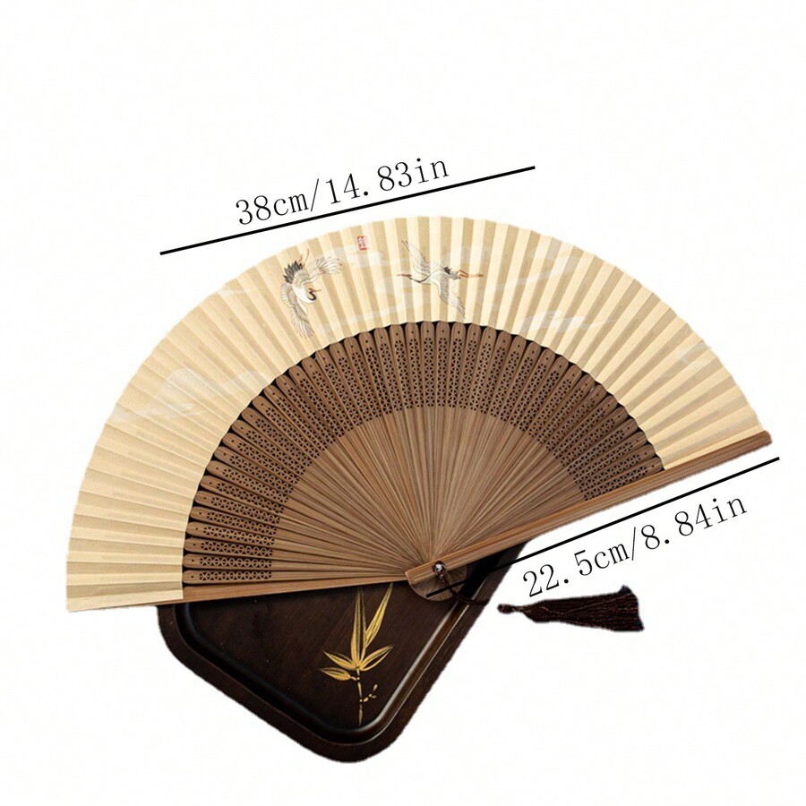 1pc Vintage Style Portable Folding Fan, DoubleSided Yellow Face Bamboo