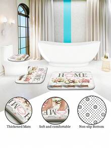 1入/4入組防水耐用家用木板花蝴蝶多功能裝飾浴室淋浴簾，配有12個掛鉤，浴室防滑墊U型地墊和圓形馬桶蓋墊，適用於各種場景使用的浴室套裝 - 粉色 - 查看 9