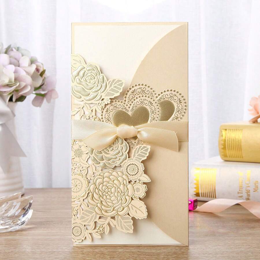 Chinese Style Vertical Ribbon Wedding Invitation Card With Creative Gold Foil Hollow-Out Design, 1pc - Gold - View 1