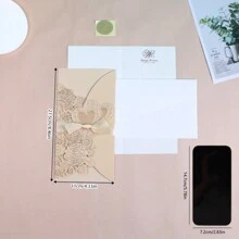 Chinese Style Vertical Ribbon Wedding Invitation Card With Creative Gold Foil Hollow-Out Design, 1pc - Gold - View 2