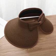 A Foldable Women Solid Color Bowknot Straw Cap, Fashionable And Versatile Sun Hat For Beach And Outdoor Activities With Face & Sun Protection - Sun Hat - View 7
