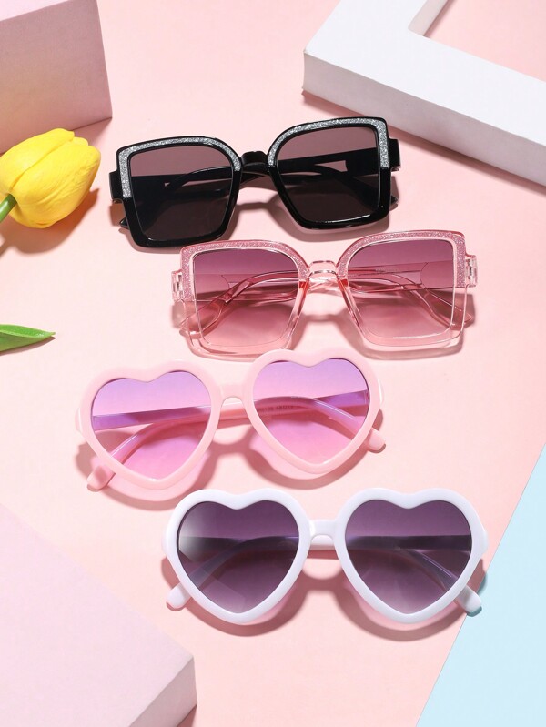 4pcs Kids 4-10Y Fine Flash Big Square Frame And Love Frame Fashion Versatile Sunglasses Suitable For Daily Outing And Wearing Use