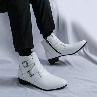 Zapatos De PU De Punta Alta Para Hombres Con Cremallera Lateral, Botas De Motocicleta Transpirables Y Antideslizantes, Zapatos De PU De Estilo Británico Y Botas De Combate De Moda Y Versátiles Para Uso Casual
