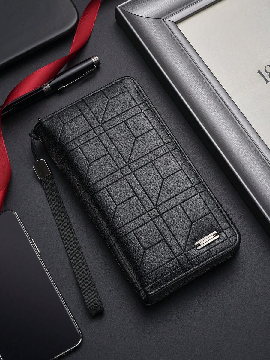 SHABILI 1buc PU de culoare solidă Fermoar de capacitate mare Portofel de afaceri Geanta pentru telefon mobil Navetiști Studenți și uz zilnic pentru bărbați Portofel Poșetă Portofel Portofel lung Portofel de mână