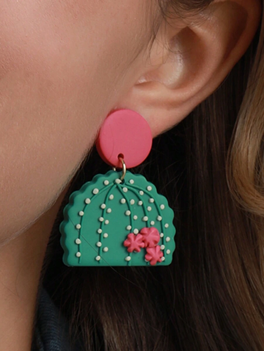 1對手工製作簡約半圓仙人掌耳環，具有3D紋理，使用逼真的綠色柔軟陶土製成，非常適合度假、派對、日常穿搭和紀念品