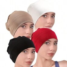 4pcs Elastic Soft Beanie Cap Headwrap Solid Color Headband Bonnet Hair Bonnet Turban - Multicolor - View 5