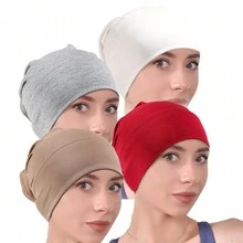 4pcs Elastic Soft Beanie Cap Headwrap Solid Color Headband Bonnet Hair Bonnet Turban - Multicolor - View 2