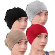 4pcs Elastic Soft Beanie Cap Headwrap Solid Color Headband Bonnet Hair Bonnet Turban - Multicolor - View 1