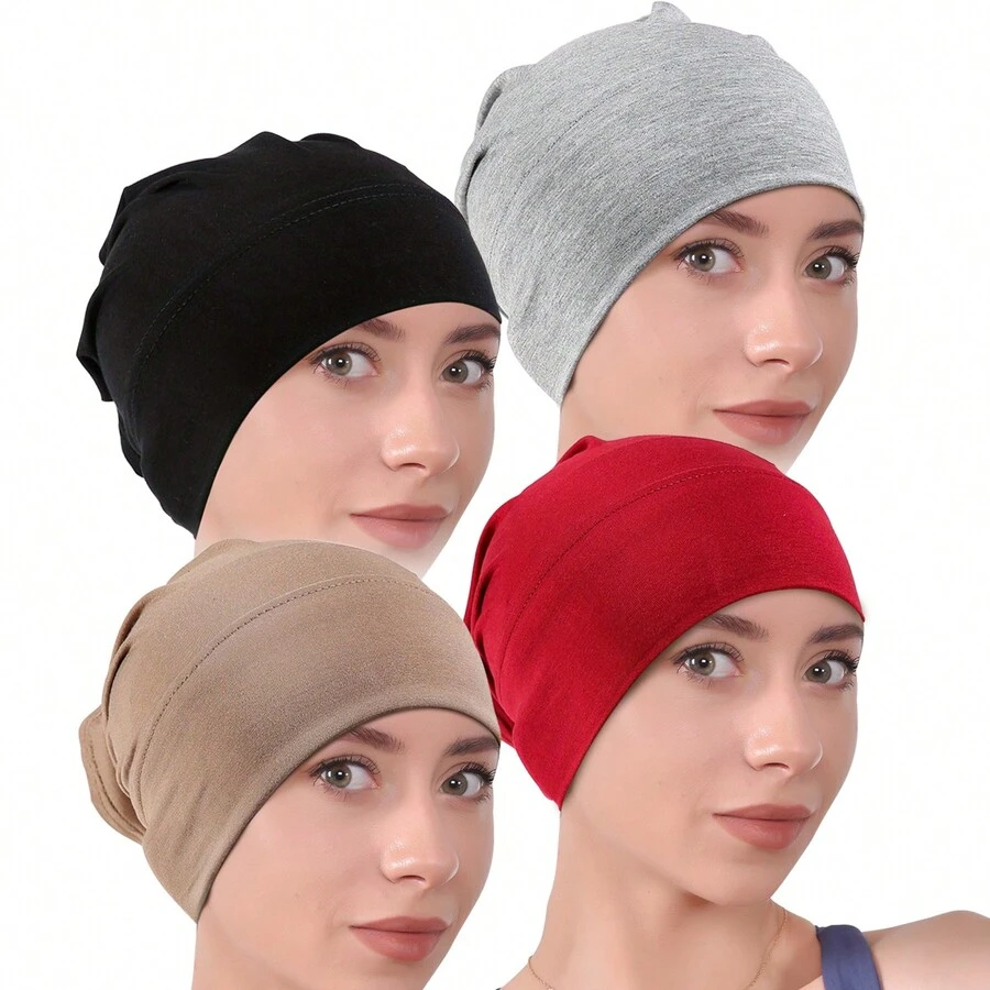 4pcs Elastic Soft Beanie Cap Headwrap Solid Color Headband Bonnet Hair Bonnet Turban - Multicolor - View 1