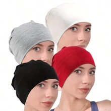 4pcs Elastic Soft Beanie Cap Headwrap Solid Color Headband Bonnet Hair Bonnet Turban - Multicolor - View 3