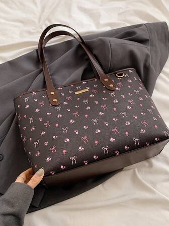 Spring And Summer New Floral Pattern PU Tote Bag, Waterproof Design, Fashionable Large-Capacity Shoulder Bag, Work Commuter Bag, Suitable For Daily Use By Women School Tote Bag,School Bookbag,Portable,Foldable,Business Casual, Suitable For Teen Girls Women College Students,Teacher,Rookies & White-Collar WorkersCollege,Vacation,Beach,Holiday,Shopping, Fashionable Tote Bag With Zipper