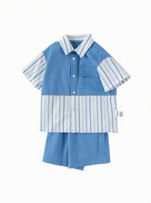 Balabala Conjunto infantil para meninos, manga curta, duas peças, terno 2024, novo verão, bloco de cores, costura, estilo de trabalho