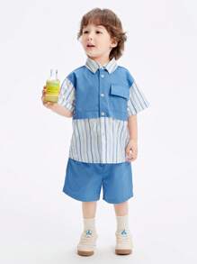 Balabala Conjunto infantil para meninos, manga curta, duas peças, terno 2024, novo verão, bloco de cores, costura, estilo de trabalho