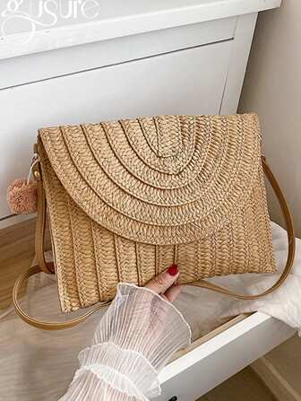 Pom Pom Decor Flap Straw Bag