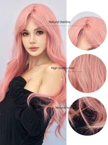 26 英寸粉色长卷发合成假发，带刘海，自然造型，适合女性日常上学和母亲节使用、节日护理、自然性感简约休闲运动学院风角色扮演耐热假发或节日派对日常佩戴、派对、音乐节使用（注意佩戴和护理方式）