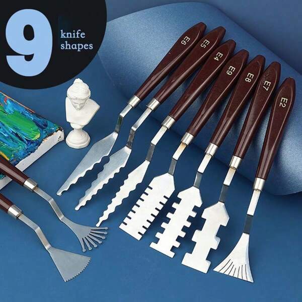 Juego de 9 piezas de herramientas para pintura: Espátula para textura floral, cuchillo mezclador de color, raspador con forma de cuchillo, adecuado para artistas y principiantes, útiles escolares