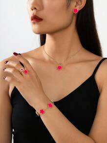 1 pieza Brazalete de trébol con suerte dulce, 1 pieza Anillo, 1 pieza de Aretes, 1 pieza Conjunto de Collar de San Valentín