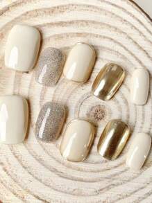 1 Set 10pcs/Pack Hand-Made Short UV Gel Nail Polish Strips, Two-Tone Brightening False Nails, Removable Press On Nails