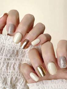 1 Set 10pcs/Pack Hand-Made Short UV Gel Nail Polish Strips, Two-Tone Brightening False Nails, Removable Press On Nails
