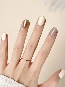 1 Set 10pcs/Pack Hand-Made Short UV Gel Nail Polish Strips, Two-Tone Brightening False Nails, Removable Press On Nails