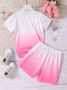 2pcs/Set Tween Girls Casual Sports Outfit, Comfortable & Loose-Fit Pink Ombre Short Sleeve Top And Shorts Set, Summer - Pink - View 2