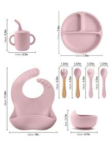 Juego de 8 piezas de vajilla infantil, plato con ventosa, tazón, utensilios, taza de silicona suave, baberos, cucharas y tenedores, artículos de vajilla para bebés y madres - Rosa Pálido - Ver 8