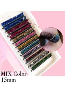 aHoneya 1 Case 12 Rows Glitter Eyelash Summer Colorful Shiny Lashes Wedding Concert Party Eye Lash 10-15mm Silvery Blue Green Purple Pink Yellow Gold Eyelashes