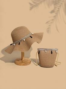 Gusure Bag 2件套女士波西米亚时尚防紫外线草帽斜挎包套装波浪流苏装饰沙滩太阳帽斜挎包编织包套装，最佳母亲节礼物创意，母亲节礼物，妈妈礼物，妈妈必备品，外出妈妈包 - 卡其色 - 查看 3