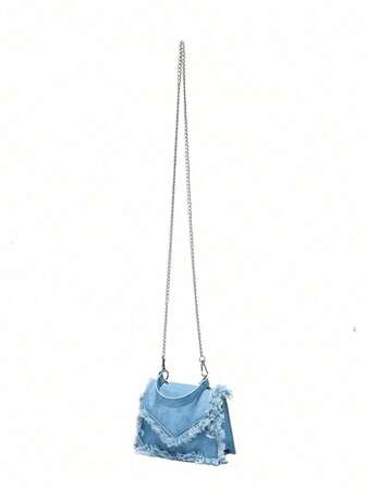 Simple Square Bag, Casual Denim Blue Handbag, Solid Color Chain Strap Crossbody Bag, Shoulder Bag For Girls