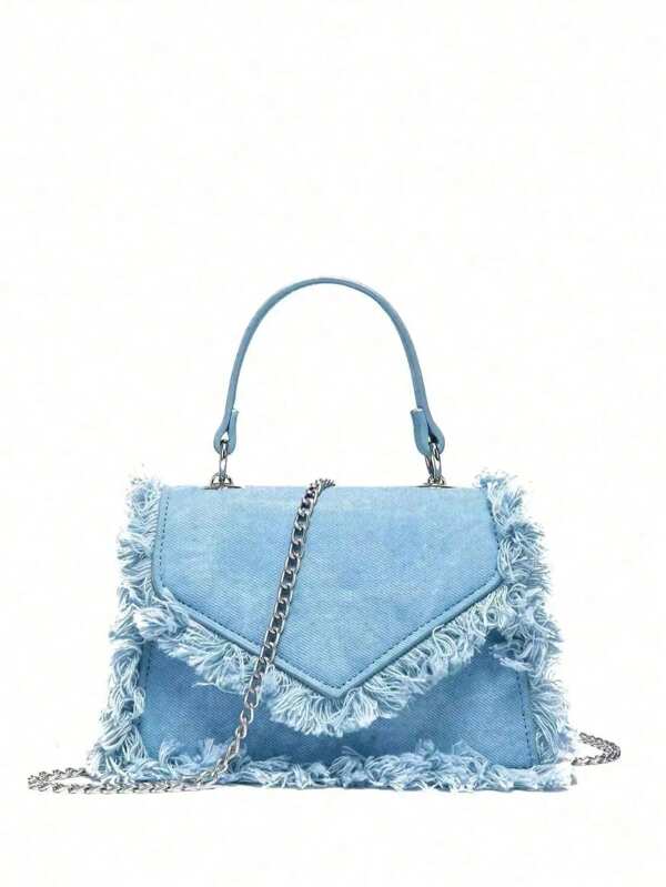 Borsa quadrata semplice, Borsa a tracolla in denim blu casual, Borsa a tracolla colore tinta unita con catena, Borsa a spalla per ragazze