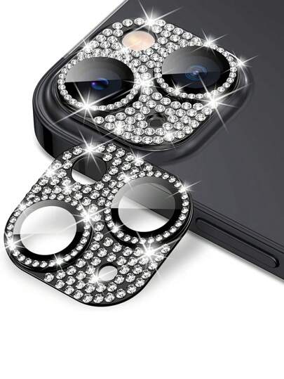 1 Set Glitter Shiny Rhinestone Metal Ring Tempered Glass Back Camera Screen Protector Lens Cover Compatible With IPhone Gift For Birthday, Family, Friends Sparkling Crystal, Lens Protector, Phone Accessories