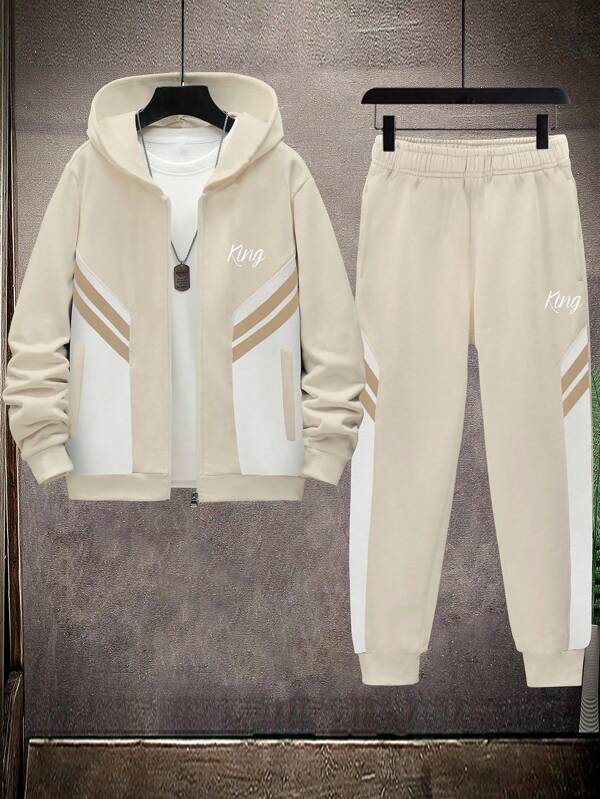 2pcs/Set Tween Boys' Youth Casual Exercise Two-Tone KING Print Hoodie And Contrast Color Long Pants Outfits For Spring And Autumn