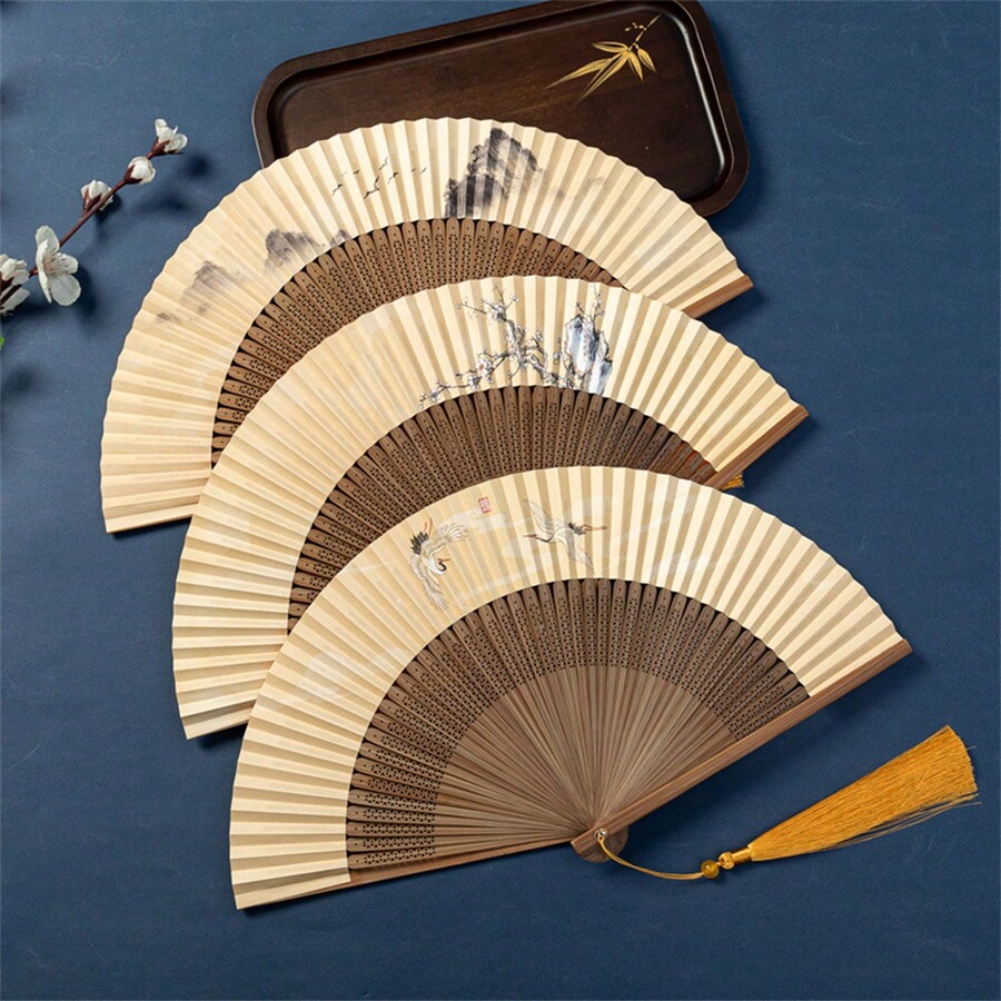 1pc Vintage Style Portable Folding Fan, DoubleSided Yellow Face Bamboo