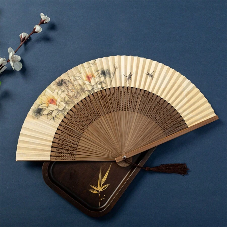 1pc Vintage Style Portable Folding Fan, DoubleSided Yellow Face Bamboo