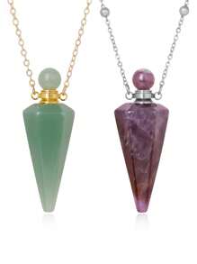 1pc Gold Color Stainless Steel Natural Stone Cone Perfume Bottle Necklace For Women Men Healing Black Obsdian Clear Quartz White Crystal Rose Quartz Pendant Reiki Essentials Oil Diffuser Vial Necklace H119