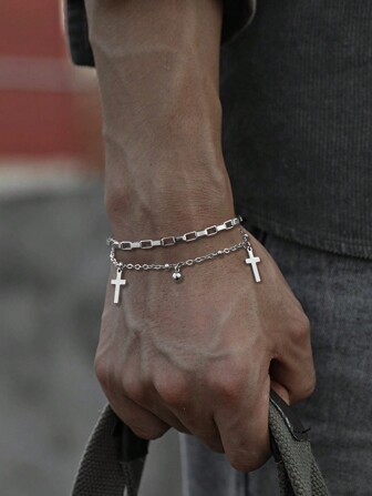 1pc Stainless Steel European & American Style Men Cross Pendant Double Layer Chain Bracelet, Suitable For Hip-Hop Party Style