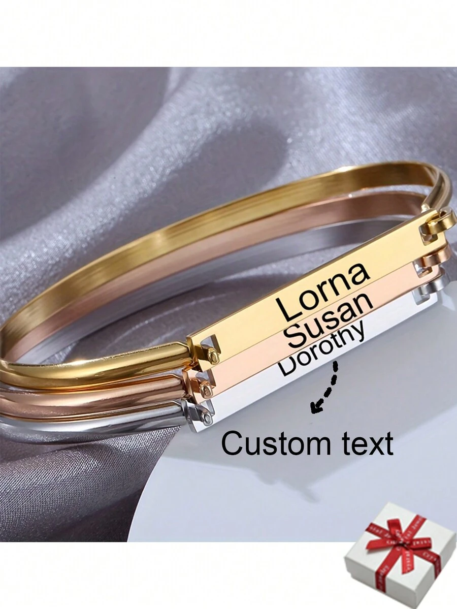 定制刻字姓名手鍊，個性DIY草書字母魅力手鍊，不鏽鋼時尚開放式手環配名牌，是母親節/生日/節日送給媽媽的理想禮物 - 玫瑰金 - 查看 1