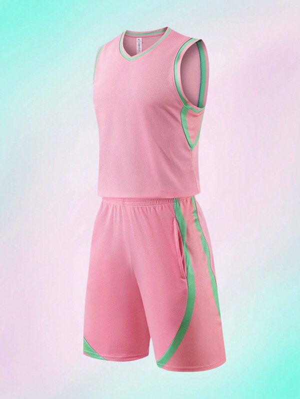 ODMYONO Women Basketball Suit Minimalist Style V-Neck Striped Color Block Breathable And Stretchy Ball Game Outdoor Sports Set Jersey