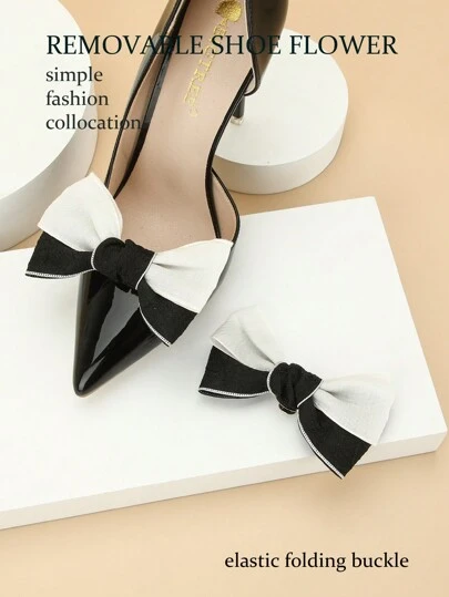 2 piezas ‌Nuevos hebillas para zapatos de alta calidad y elegantes con diseño de tela de dos tonos en blanco y negro, con flores de princesa coreana y lazo.