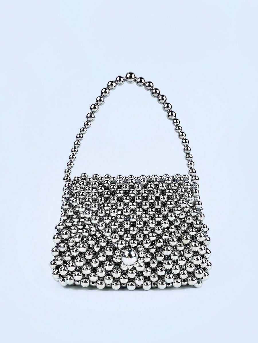 Mini torebka ze sztucznych pereł, ręcznie robiona torebka z koralikami - Srebro - Zobacz 1