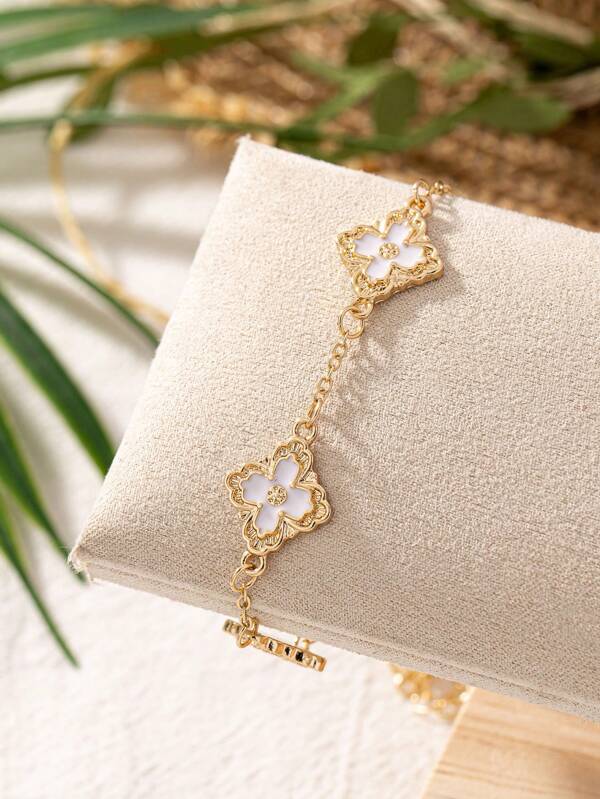 1pc Summer Cool Luxury Clover & Floral Bracelet For Women, Vintage Artsy High-End Bracelet Suitable For Daily Wear & Mother's Day Gift & Beach Vacation Style Valentines,Mom,Mother,Mother's Day,Gift