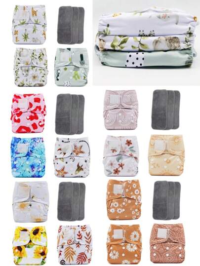 每套 6 片装 3 片尿布带 3 个尿布垫婴儿可重复使用尿布可清洗且可调节婴儿洗澡家庭装饰礼物