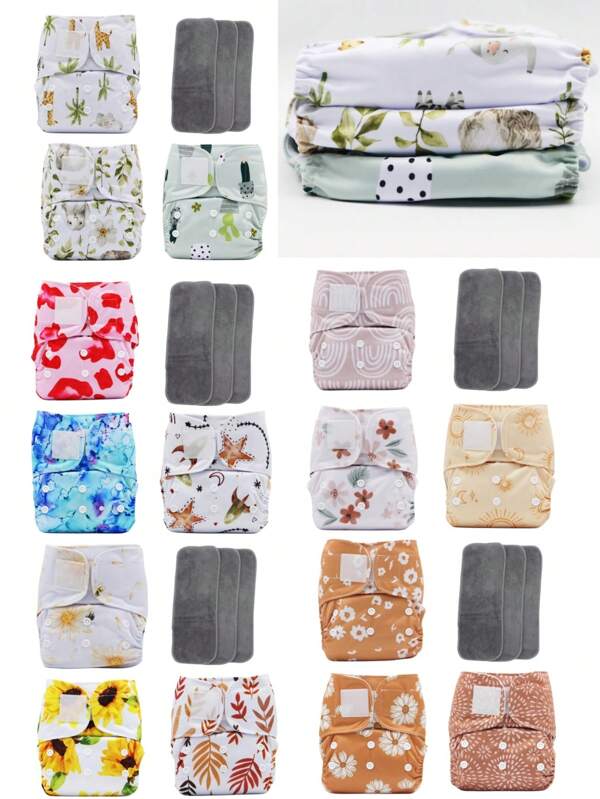 6 Pcs Per Set Of 3 Diapers With 3 Inserts Baby Reusable Diapes Washable And Adjustable Baby Shower Family Decorations Gifts