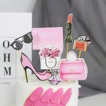 Ladies Perfume, High Heel, Glasses, Bag Theme Cake Topper Set For Makeup Lovers,Christmas - Pink - View 2