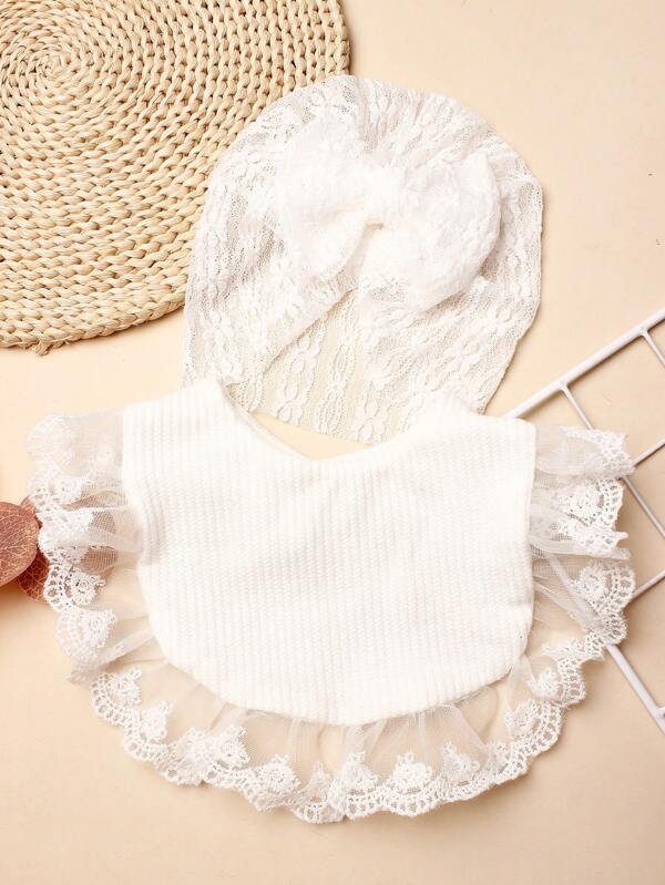 1pc Lace Bowknot Mesh Baby Headband And 1pc Lace Trimmed Baby Bib With Bowknot Love Valentine